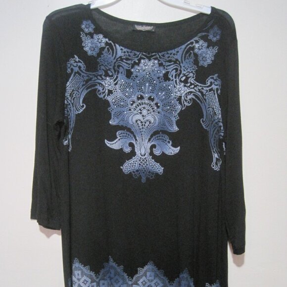 Vanilla Star Women's Large Black & Blue Paisley Medium Sleeve Beaded Rayon Dress - Picture 1 of 8